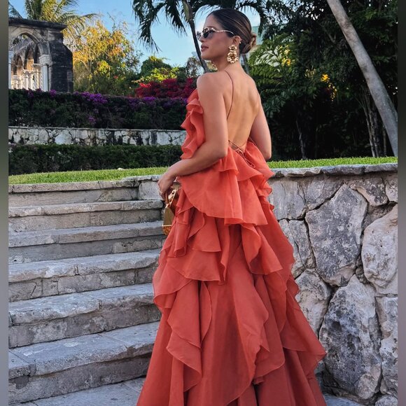 AJE Pandorea Layered Maxi Dress Floral Ruffle Coral
